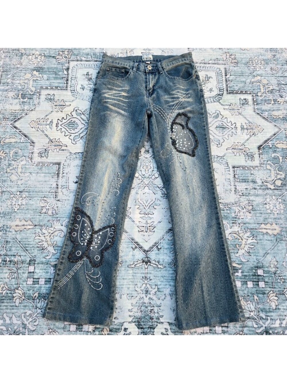 Y2K Bootcut Beaded Embroidered Butterfly Jeans US Size 5 Blue Mid Rise